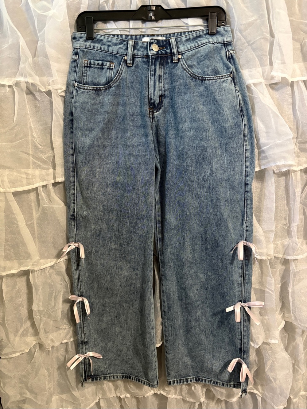 Women’s Light Blue Denim Jeans with Side Bow Details